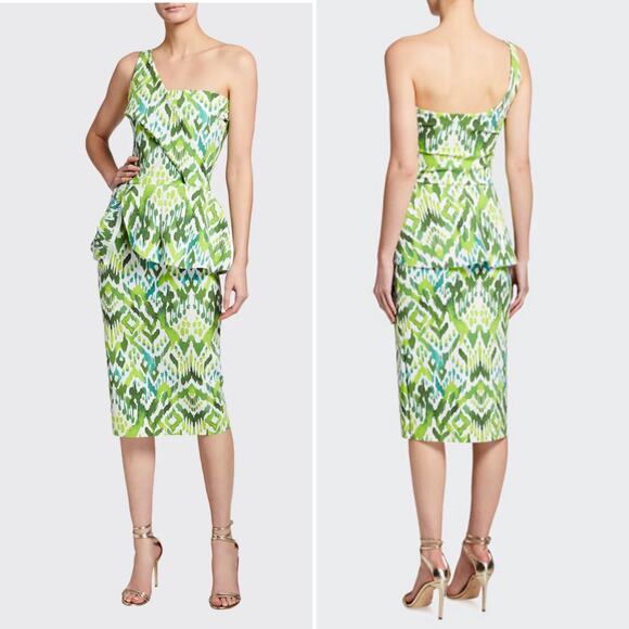 Chiara Boni‎ Chaz Dress Green White Print Sheath One Shoulder Peplum Sz 4 - Picture 2 of 11